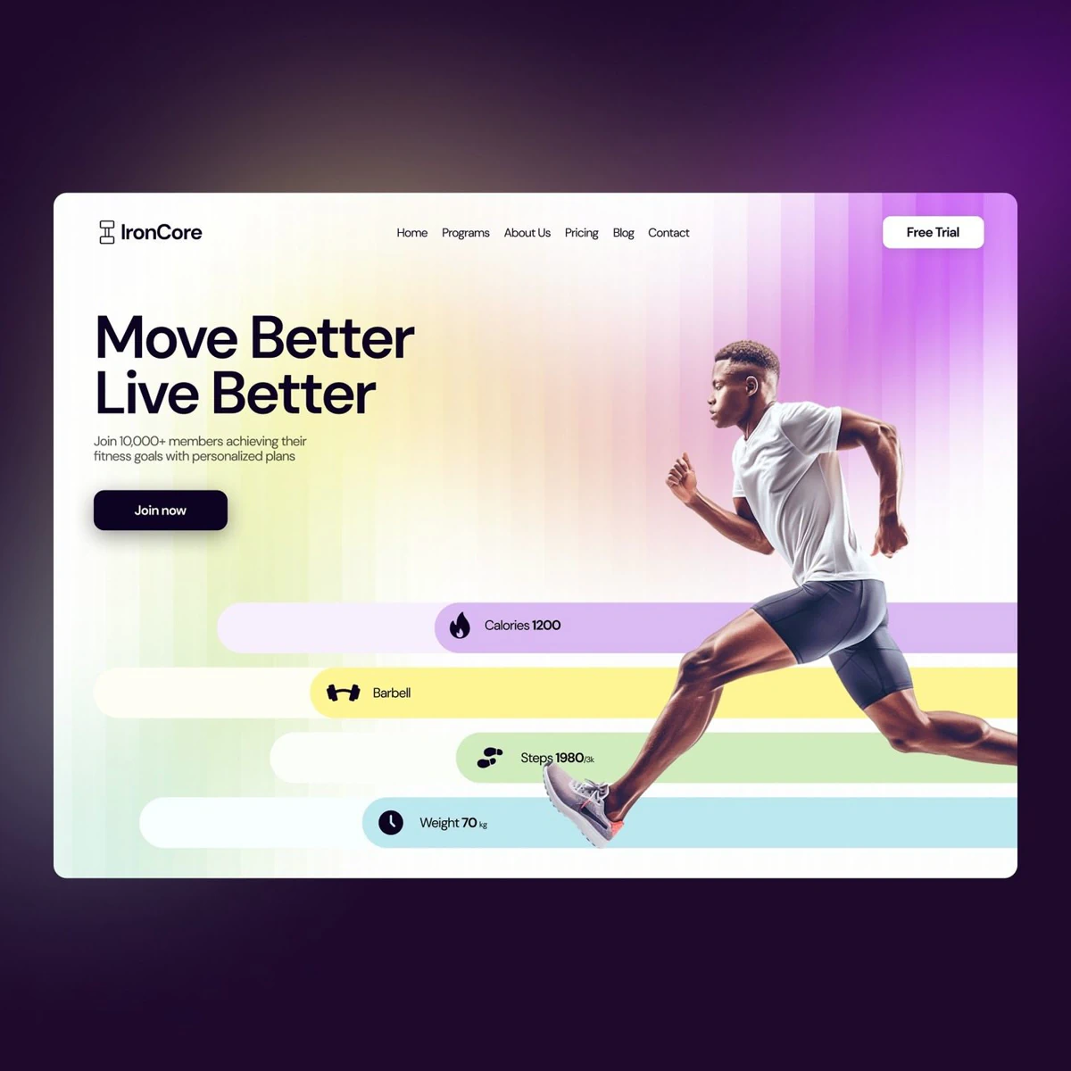 Fitness event dashboard with a runner and colorful progress markers